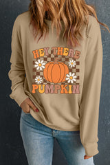 Khaki Floral Checkered Pumpkin Graphic Drop Shoulder Thanksgiving Sweatshirt Graphic Sweatshirts JT's Designer Fashion