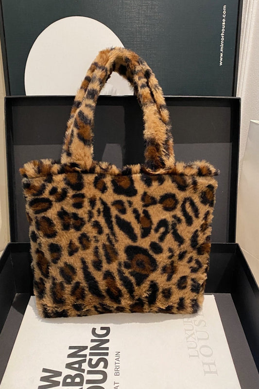 Leopard Fluff Handbag with Zip Leopard One Size Shoulder Bags JT's Designer Fashion
