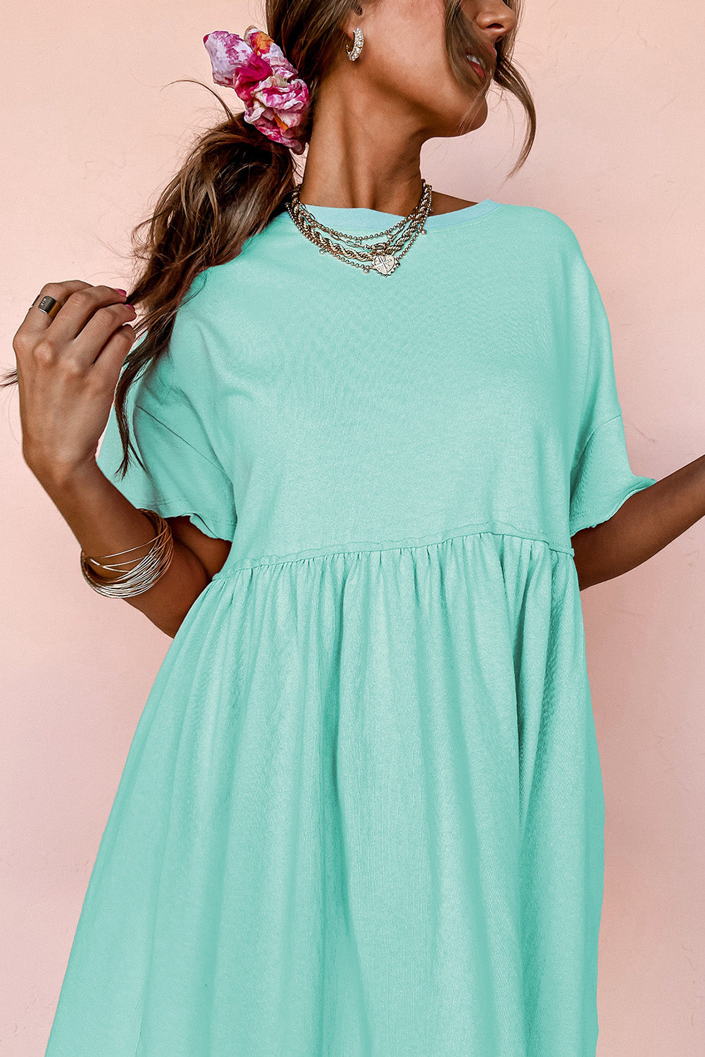 Moonlight Jade Solid Color Pocketed Raw Edge Babydoll Dress Mini Dresses JT's Designer Fashion