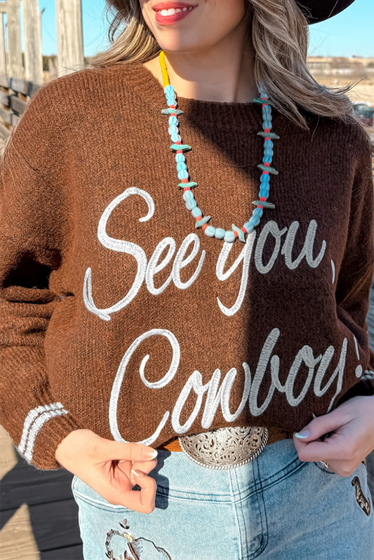 Coffee See You Cowboy Embroidered Western Graphic Sweater Coffee 52%Viscose+26%Polyester+22%Polyamide Sweaters JT's Designer Fashion