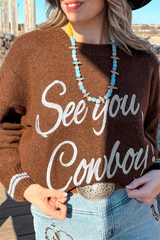 Coffee See You Cowboy Embroidered Western Graphic Sweater Coffee 52%Viscose+26%Polyester+22%Polyamide Sweaters JT's Designer Fashion