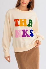Apricot THANKS Chenille Embroidered Drop Shoulder Graphic Sweatshirt Sweatshirts & Hoodies JT's Designer Fashion