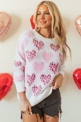 Pink Heart Leopard Print Pearled Ribbed Trim Fuzzy Sweater Sweaters JT's Designer Fashion