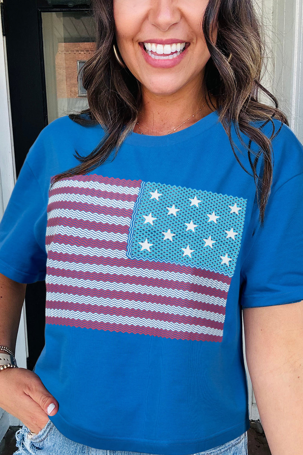 Real Teal American Flag Pattern Crewneck Tee Graphic Tees JT's Designer Fashion