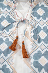 Khaki Geometric Print Tassel Tie Split Neck Balloon Sleeve Blouse Blouses & Shirts JT's Designer Fashion