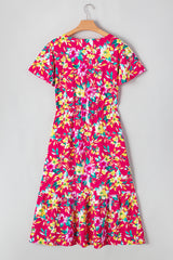 Pink Floral Print V Neck Pocketed High Waist Plus Size Midi Dress Plus Size Midi Dresses JT's Designer Fashion