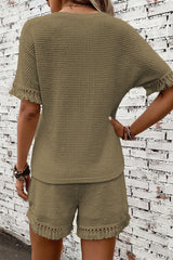 Laurel Green Fringe Trim Textured Short Two Piece Set Short Sets JT's Designer Fashion