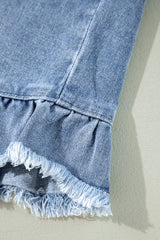 Beau Blue Ruffle Raw Hem Flap Pockets Denim Jacket Denim Jackets JT's Designer Fashion