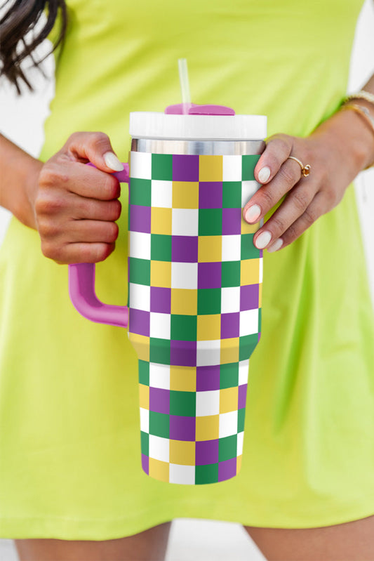 Tillandsia Purple Checkered Print Handle Large Vacuum Cup 40OZ Tumblers JT's Designer Fashion