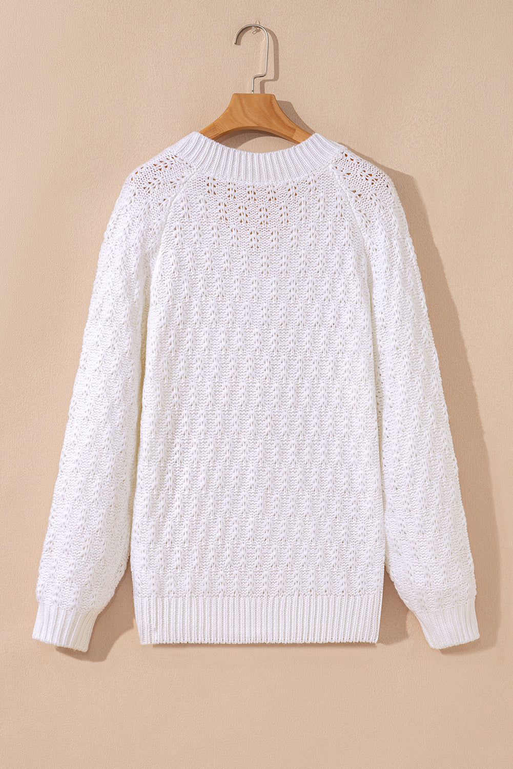 White Textured Knit Ribbed Edge V Neck Loose Sweater Sweaters JT's Designer Fashion