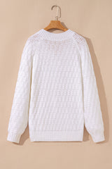White Textured Knit Ribbed Edge V Neck Loose Sweater Sweaters JT's Designer Fashion