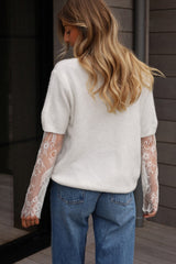 Beige Lace Sleeve Patchwork Faux Two-piece Fuzzy Sweater Sweaters JT's Designer Fashion