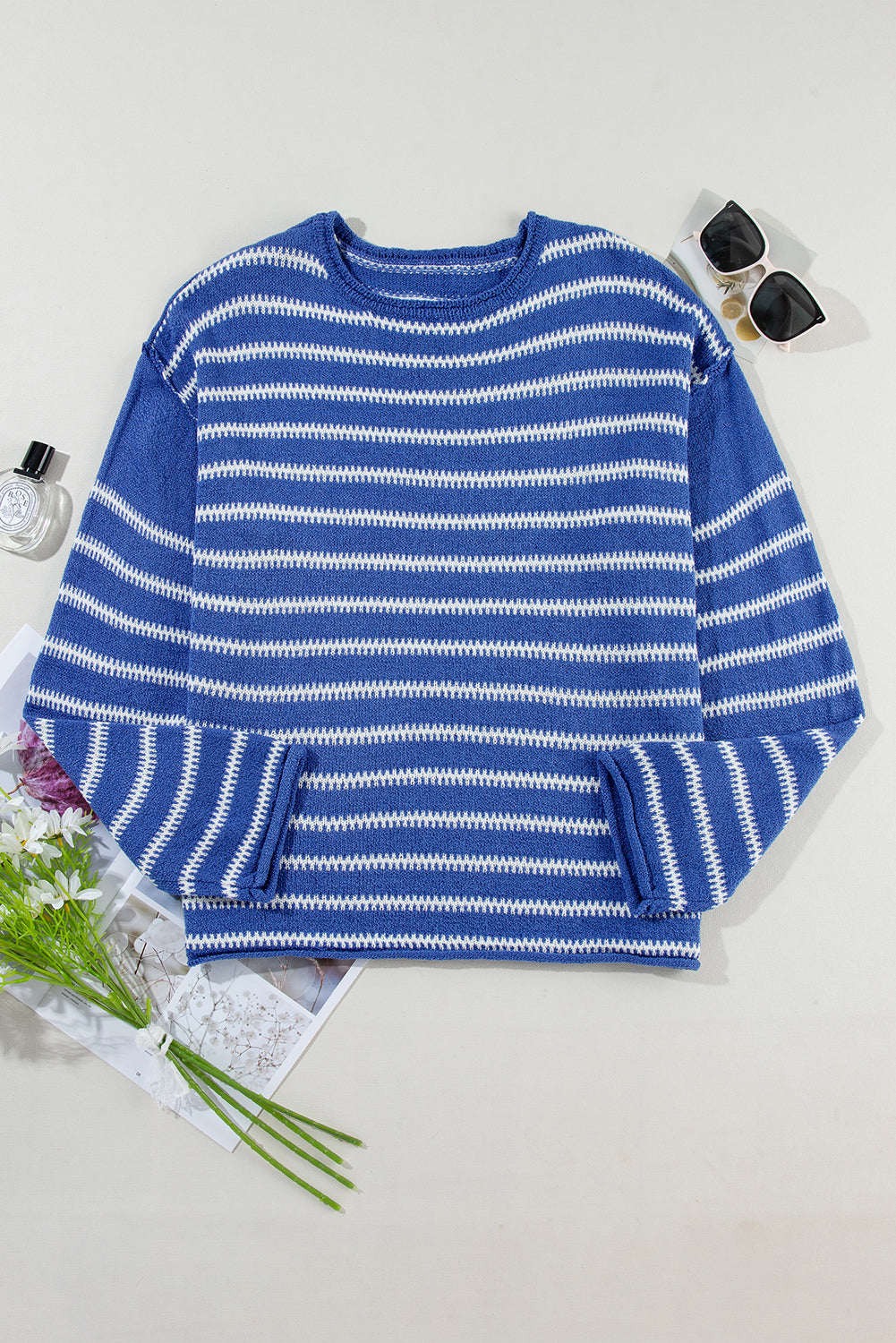 Sky Blue Stripe Drop Shoulder Casual Sweater Sweaters JT's Designer Fashion