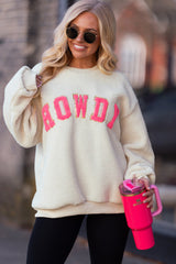 Beige Sherpa HOWDY Patched Pullover Sweatshirt Sweatshirts & Hoodies JT's Designer Fashion