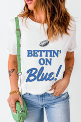 White Rugby Football BETTIN ON Blue Graphic Crewneck T Shirt Graphic Tees JT's Designer Fashion