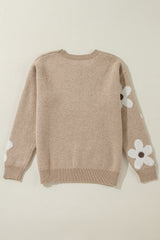 Parchment Flower Pattern Ribbed Trim Crew Neck Sweater Sweaters JT's Designer Fashion