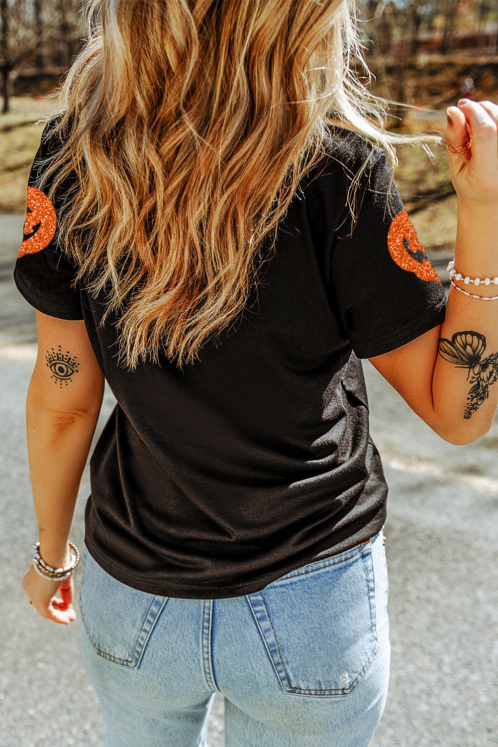 Black Glittering Pumpkin Face Graphic Crewneck Halloween T Shirt Graphic Tees JT's Designer Fashion