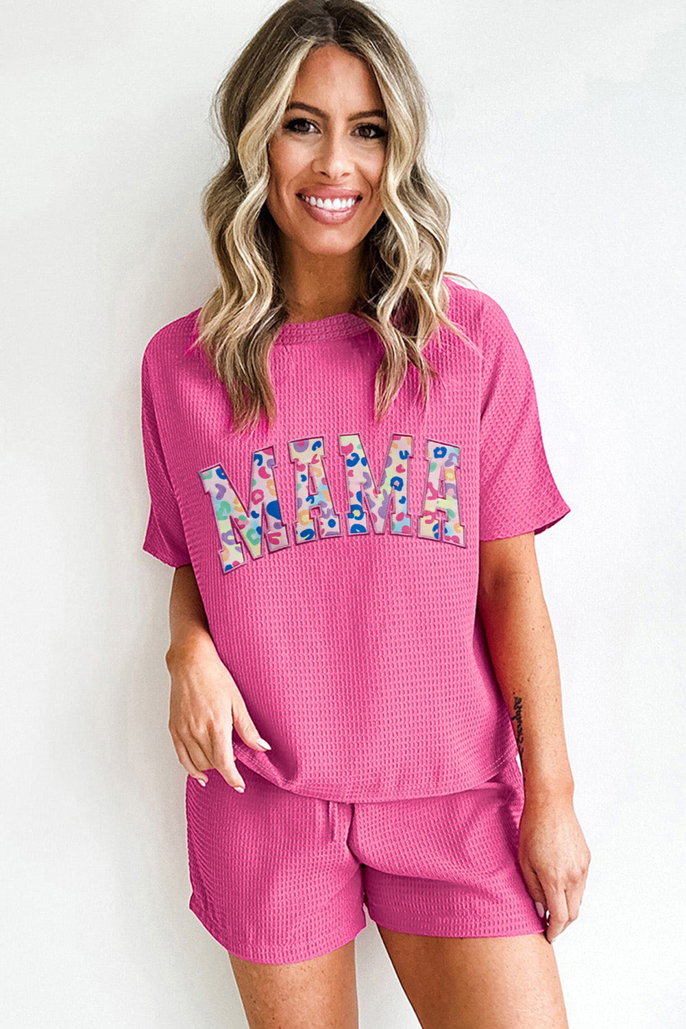 Rose Red MAMA Embroidered Leopard Letters Waffle Short Set Graphic Sets JT's Designer Fashion