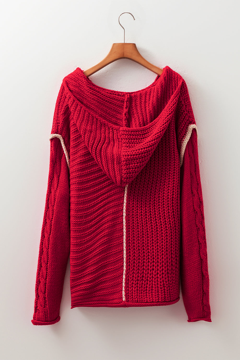 Racing Red Color Contrast Trim Textured Knit Drawstring Hooded Sweater Sweaters JT's Designer Fashion