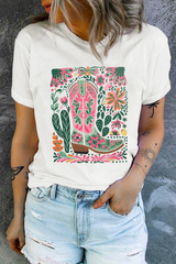 White Western Boot Flower Print Crew Neck Loose Tee Graphic Tees JT's Designer Fashion