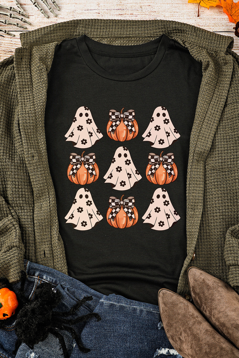 Black Halloween Ghost Pumpkin Print Crew Neck T Shirt Graphic Tees JT's Designer Fashion