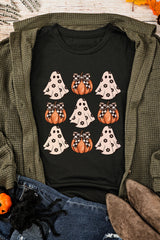 Black Halloween Ghost Pumpkin Print Crew Neck T Shirt Graphic Tees JT's Designer Fashion