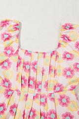 Rose Vibrant Floral Square Neck Puff Sleeve Pleated Flared Midi Dress Floral Dresses JT's Designer Fashion