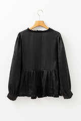 Black Metallic Frilled V Neck Puff Sleeve Babydoll Blouse Blouses & Shirts JT's Designer Fashion
