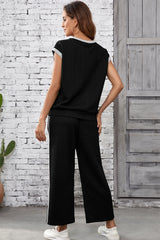 Black Cable Knit Contrast Trim Short Sleeve Top and Pants Set Pant Sets JT's Designer Fashion