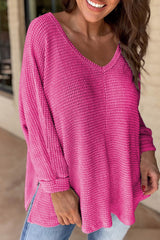 Rose Red Waffle Knit Side Slits Loose Fit V Neck Top Long Sleeve Tops JT's Designer Fashion