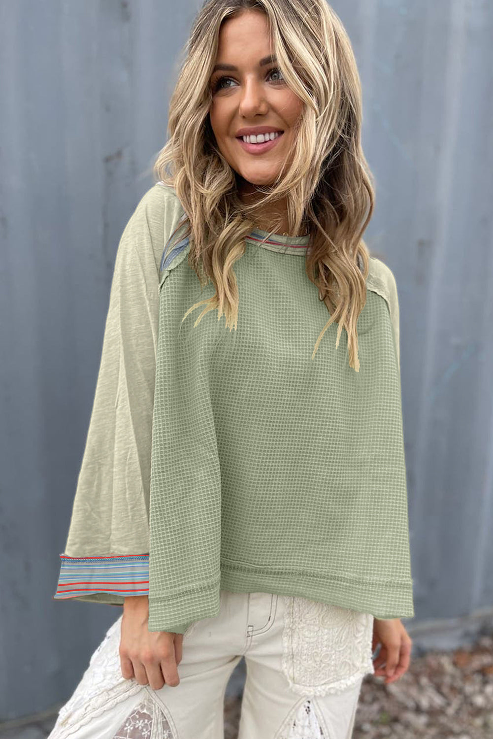 Meadow Mist Green Waffle Knit Wide Bracelet Sleeve Patchwork Raglan Top Long Sleeve Tops JT's Designer Fashion