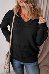 Black Eyelet Pattern Detail V Neck Drop Shoulder Sweater Sweaters JT's Designer Fashion