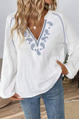 White Paisley Embroidered Textured Split Neck Long Puff Sleeve Blouse Blouses & Shirts JT's Designer Fashion