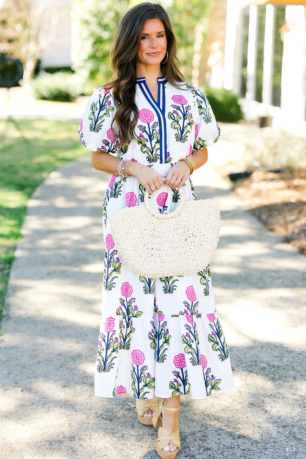 White Floral Puff Short Sleeve V Neck High Waist Maxi Dress Floral Dresses JT's Designer Fashion