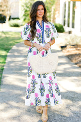 White Floral Puff Short Sleeve V Neck High Waist Maxi Dress Floral Dresses JT's Designer Fashion