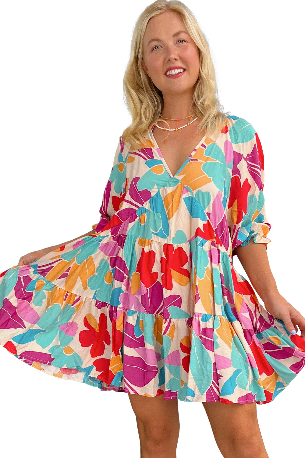 Rose Red Floral Bubble Sleeve V Neck Tiered Ruffle Babydoll Dress Floral Dresses JT's Designer Fashion