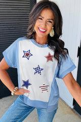 Sky Blue Patriotic Star Patched Colorblock T Shirt Graphic Tees JT's Designer Fashion