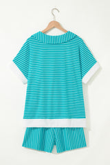 Sky Blue Stripe V Neck Tee and Casual Short Set Short Sets JT's Designer Fashion