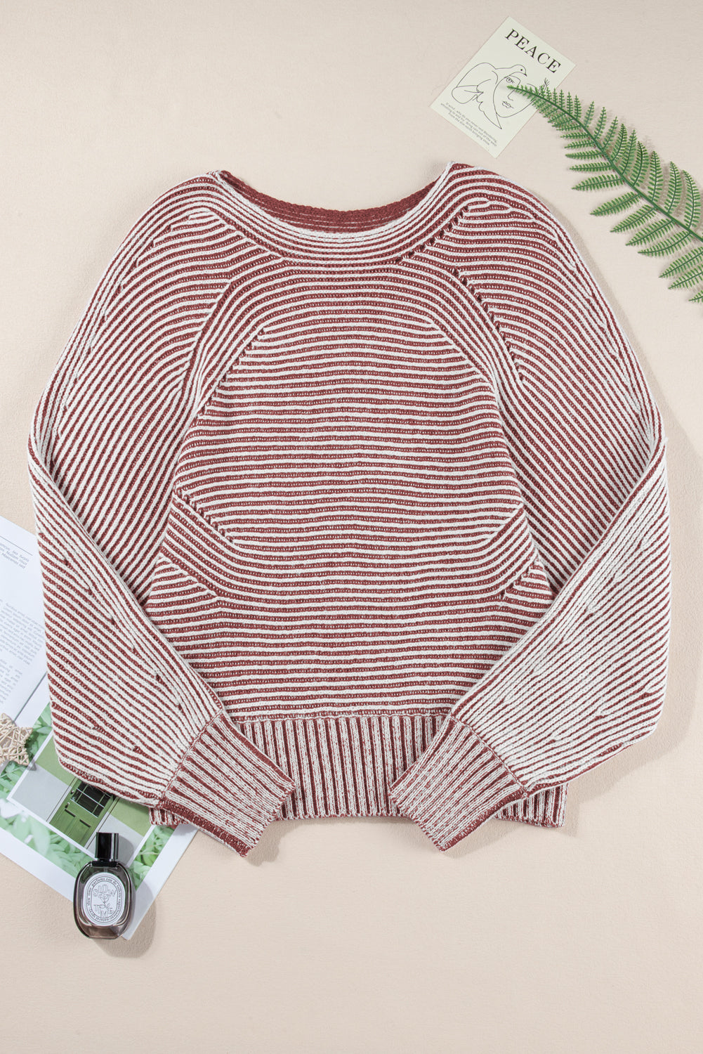 Red Dahlia Striped Print Ribbed Knit Boat Neck Baggy Sweater Sweaters JT's Designer Fashion