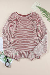 Red Dahlia Striped Print Ribbed Knit Boat Neck Baggy Sweater Sweaters JT's Designer Fashion