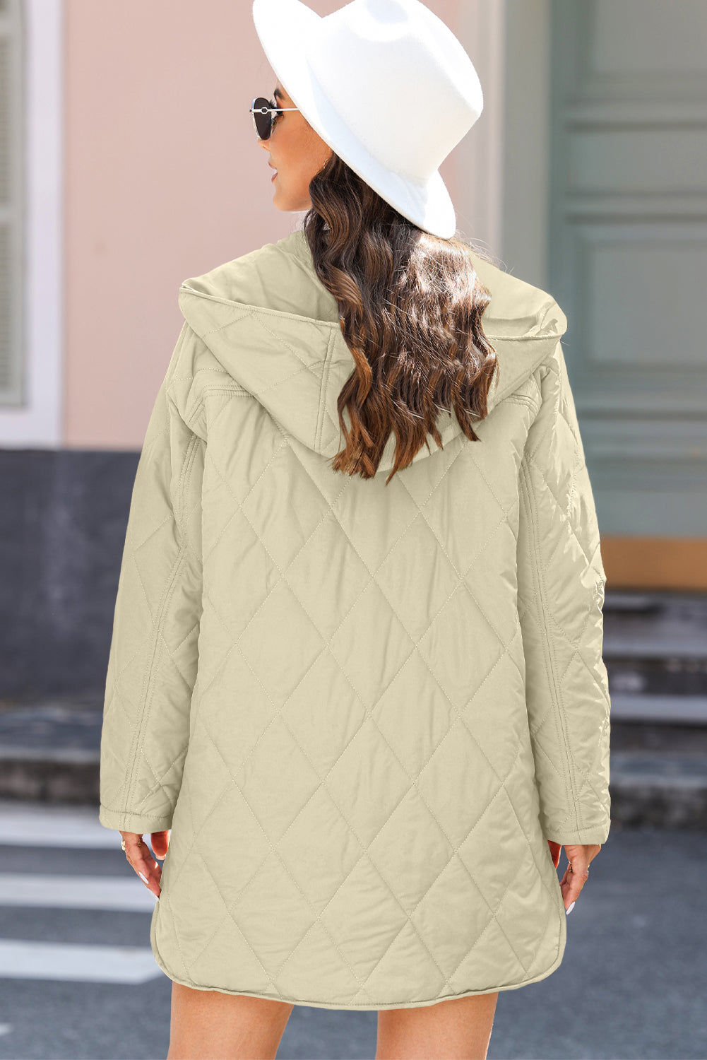 Beige Quilted Snap Button Hooded Coat Coats JT's Designer Fashion