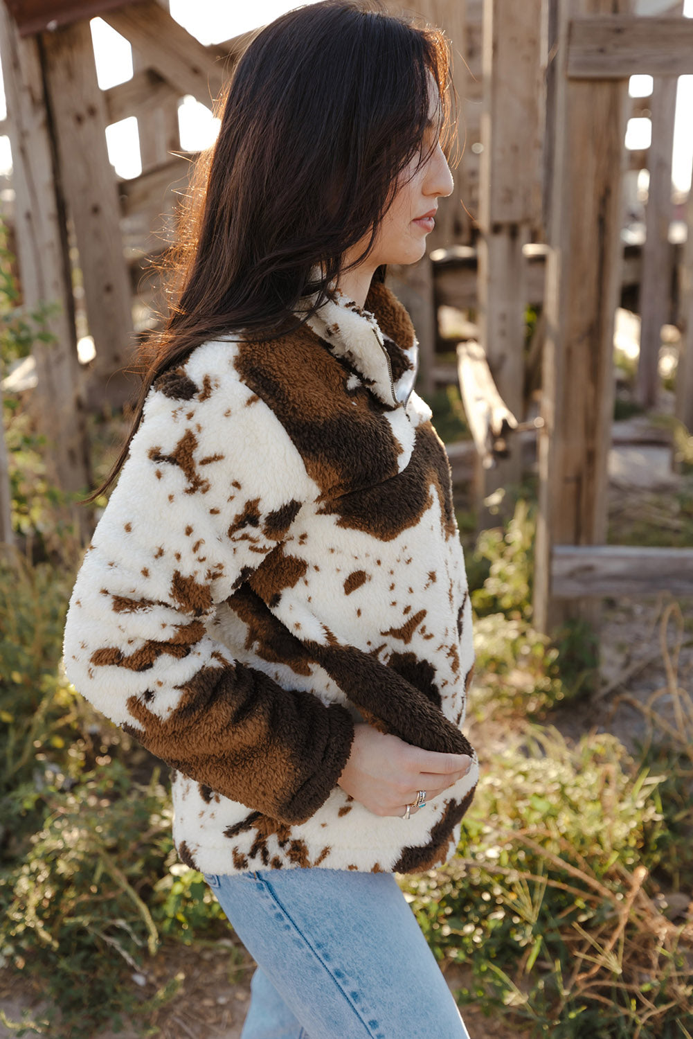 Zip Collar Cow Print Fleece Sweatshirt Sweatshirts & Hoodies JT's Designer Fashion