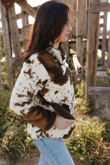 Zip Collar Cow Print Fleece Sweatshirt Sweatshirts & Hoodies JT's Designer Fashion