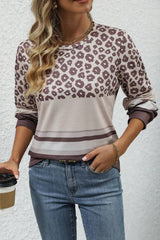 Brown Leopard Color Block Crewneck Long Sleeve Top Long Sleeve Tops JT's Designer Fashion