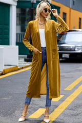 Yellow Velvet Open Front Pocketed Long Duster Sweaters & Cardigans JT's Designer Fashion