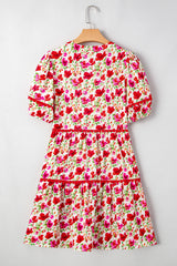 Red Floral Puff Sleeve Tiered Ric Rac Pocketed Mini Dress Floral Dresses JT's Designer Fashion