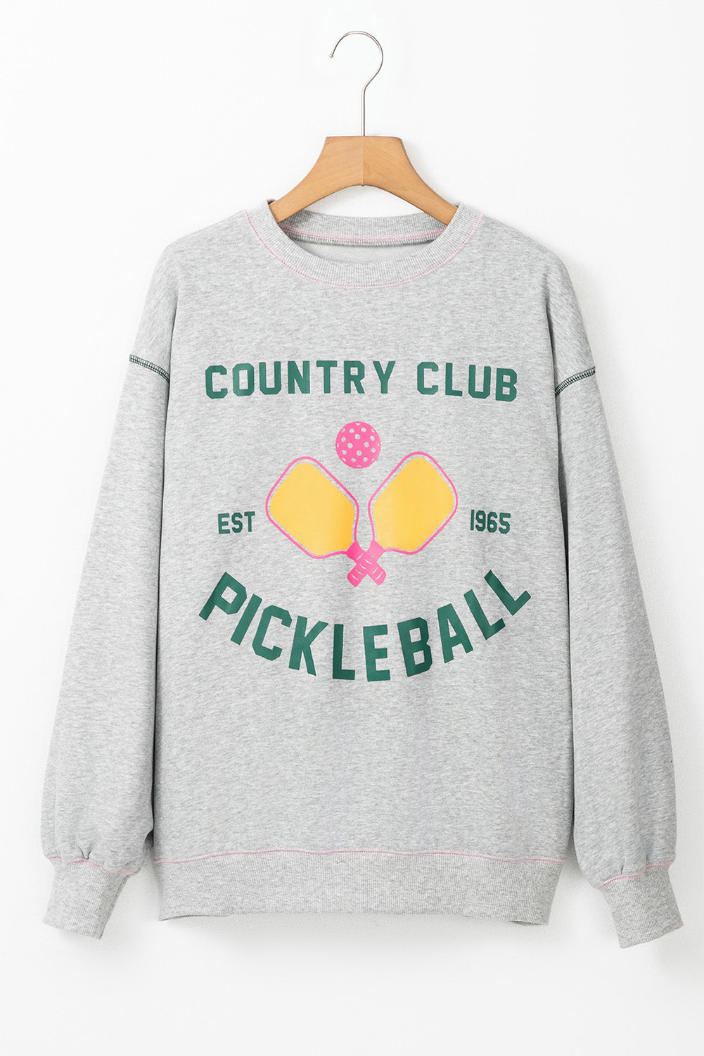 Light Grey COUNTRY CLUB PICKLEBALL Graphic Exposed Stitching Casual Sweatshirt Sweatshirts & Hoodies JT's Designer Fashion