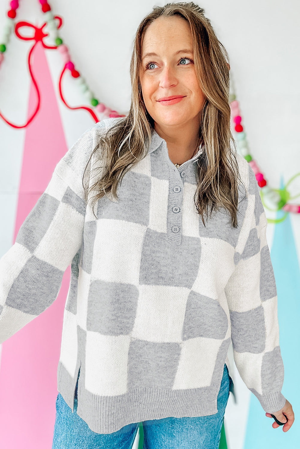 Gray Plus Size Checkered Pattern Button Polo Collar Split Sweater Plus Size Sweaters & Cardigans JT's Designer Fashion