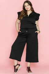 Black Plus Ruffled Sleeve Quarter Zip Top Wide Leg Pants Set Black 95%Polyester+5%Elastane Plus Size Bottoms JT's Designer Fashion