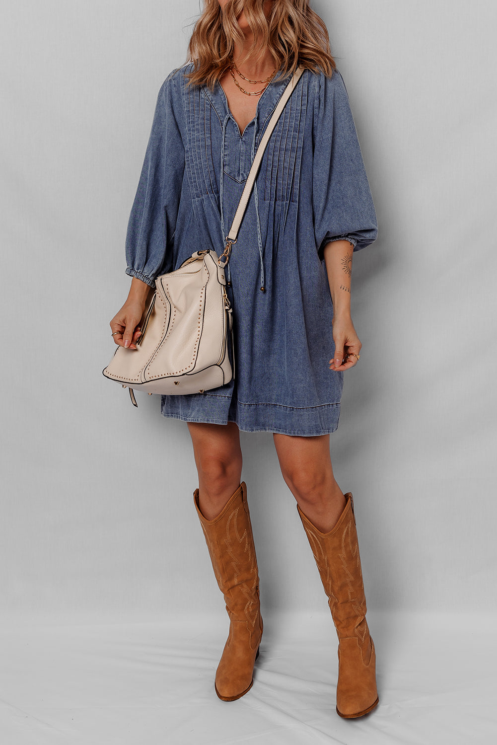 Sail Blue 3/4 Sleeve Tied V Neck Pleated Denim Mini Dress JT's Designer Fashion